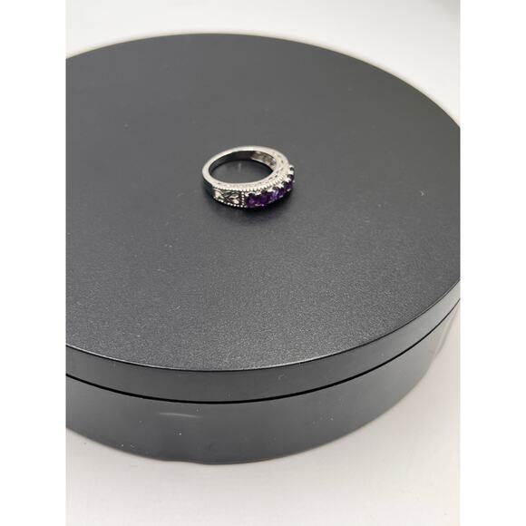 Amethyst Faceted Oval Sterling Stainless Steel Open Heart Flank Ring Sz 7.5 - Picture 4 of 8